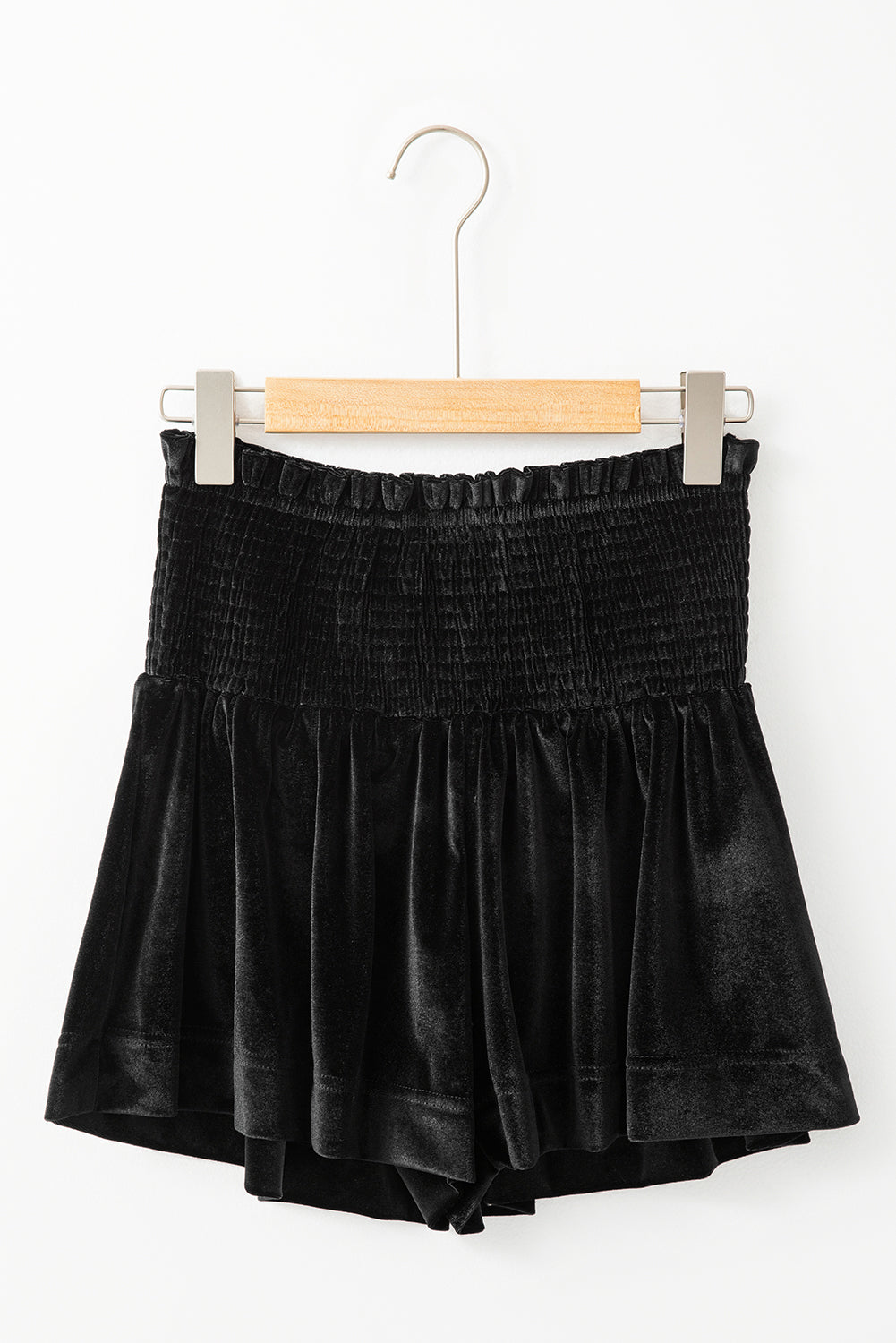 Black Smocked High Waist Velvet Shorts