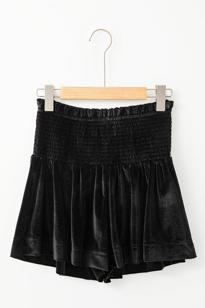 Black Smocked High Waist Velvet Shorts