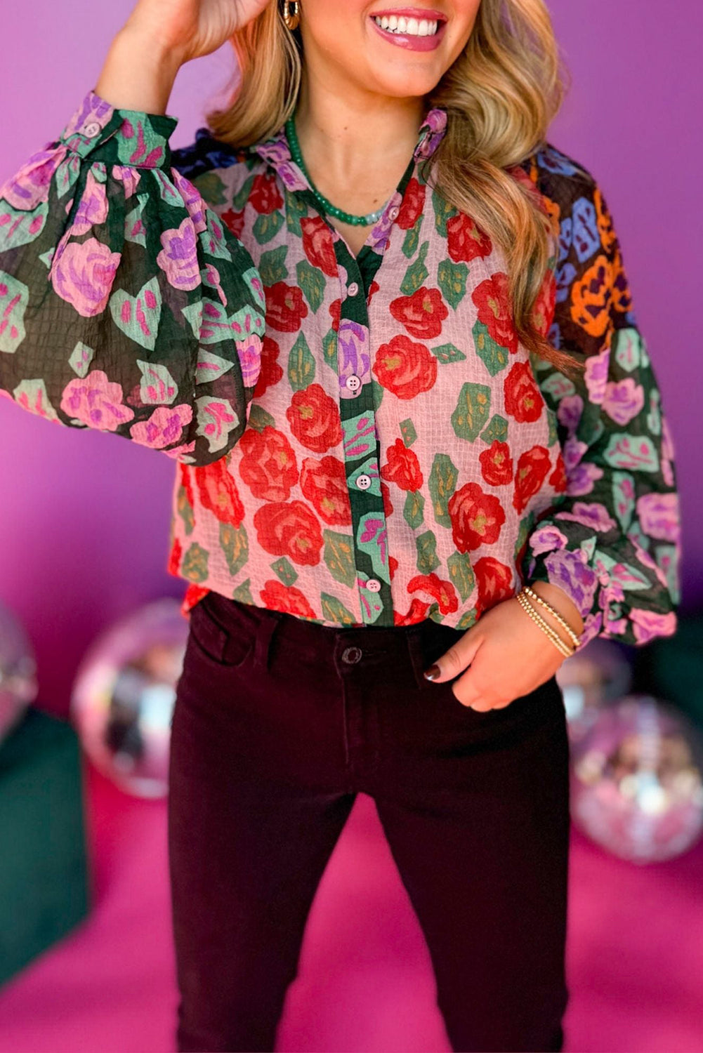 Red Colorblock Floral Printed Puff Sleeve Shirt