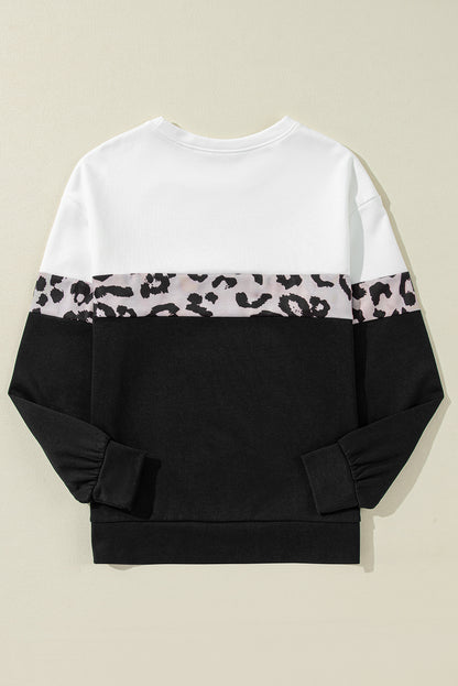 Black Leopard Colorblock Round Neck Long Sleeve Top