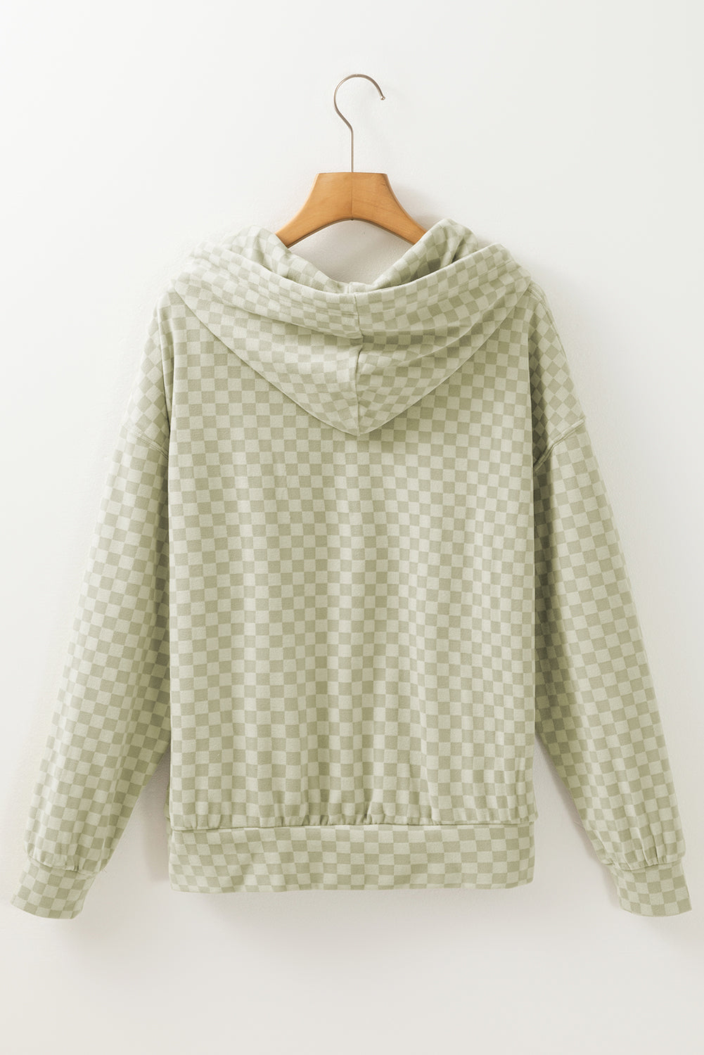 Green Checkered Print Kangaroo Pocket Drawstring Hoodie