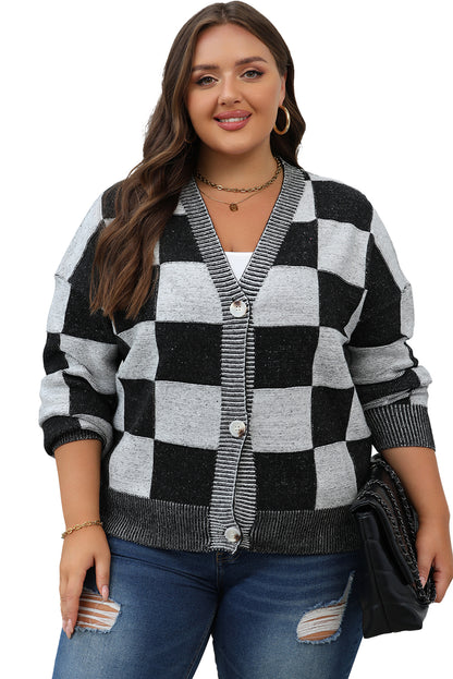 Black Checkered Drop Shoulder Buttoned V Neck Cardigan