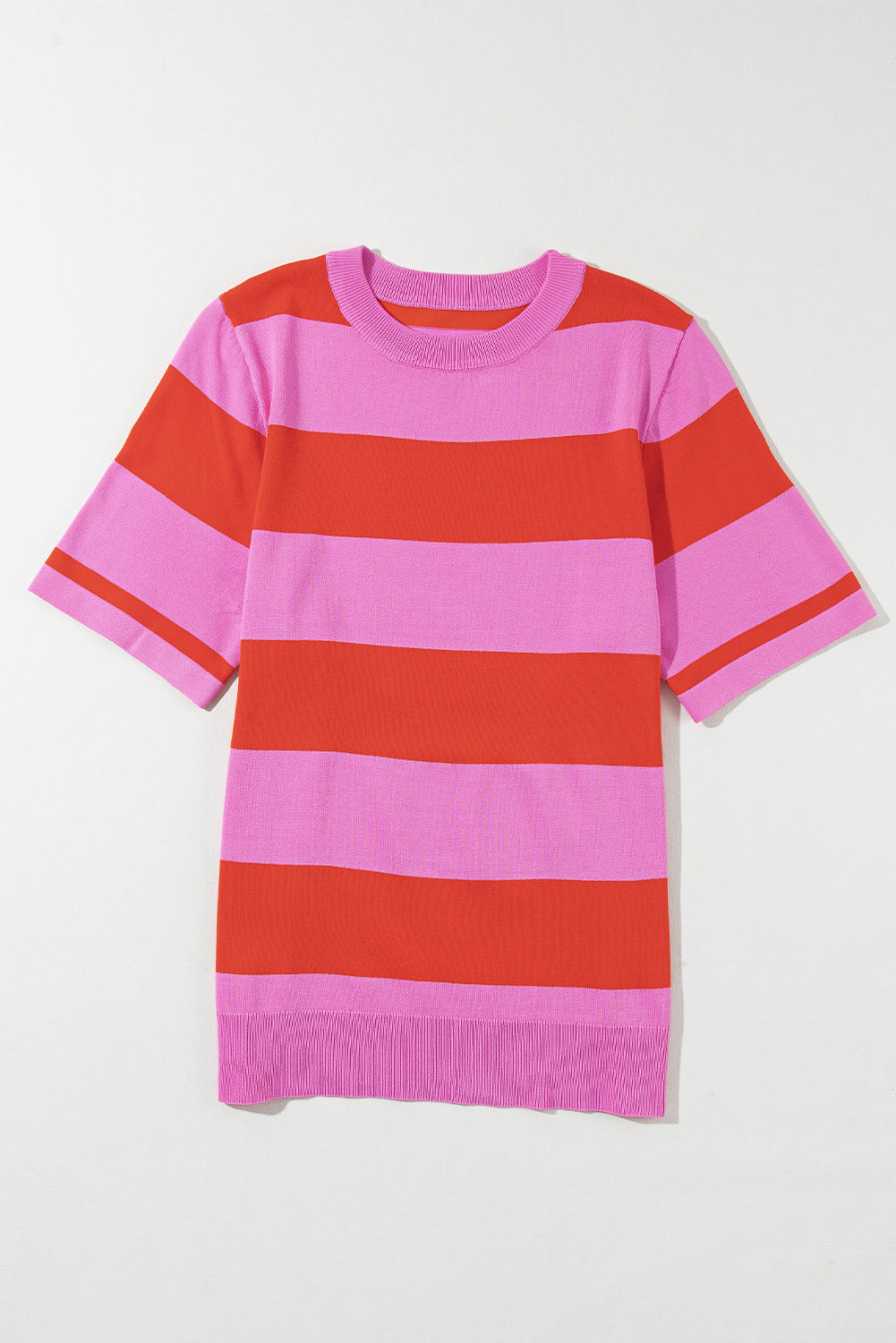 Bright Pink Colorblock Striped Knitted T-Shirt