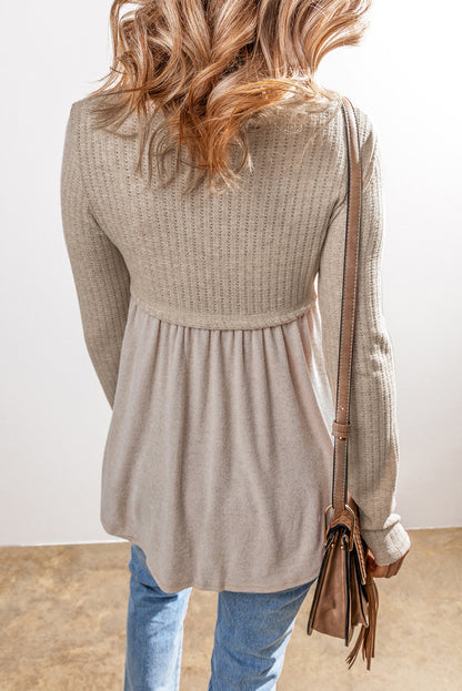 Smoke Gray Textured Long Sleeve V Neck Babydoll Top