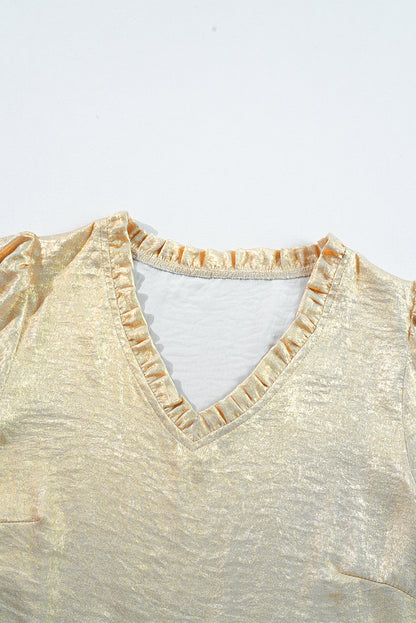 Gold Metallic Frilled V-Neck Puff Sleeve Babydoll Blouse