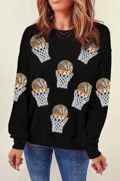 Black Basketball Patched Game Day Crew Neck Graphic Sweatshirt