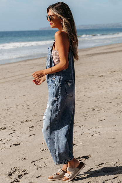 Stone Blue Distressed Bib Pocket Wide Leg Denim Overall