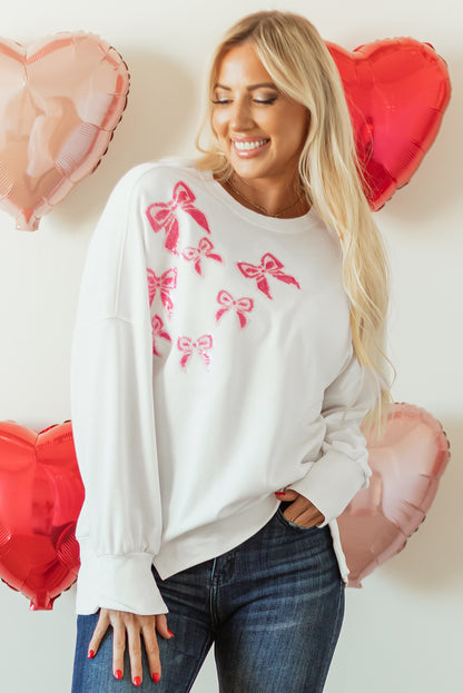 White Sequin Bowknot High Low Oversize Sweatshirt