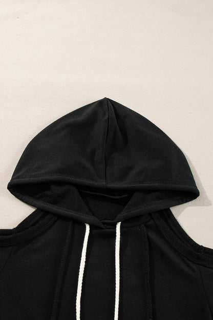 Black Exposed Seam Cold Shoulder Drawstring Hoodie