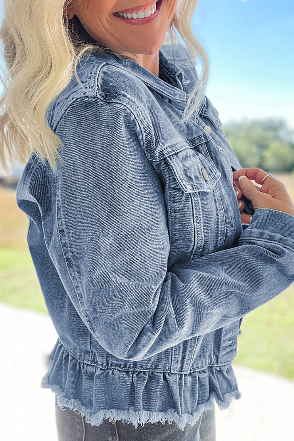 Beau Blue Ruffle Raw Hem Flap Pockets Denim Jacket