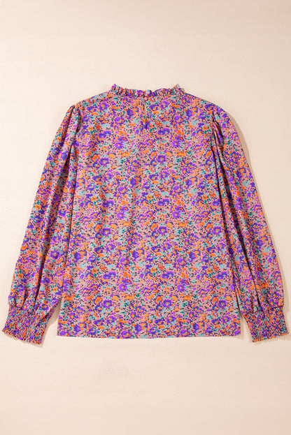 Purple Floral Allover Print Shirred Cuff Frilled O Neck Blouse