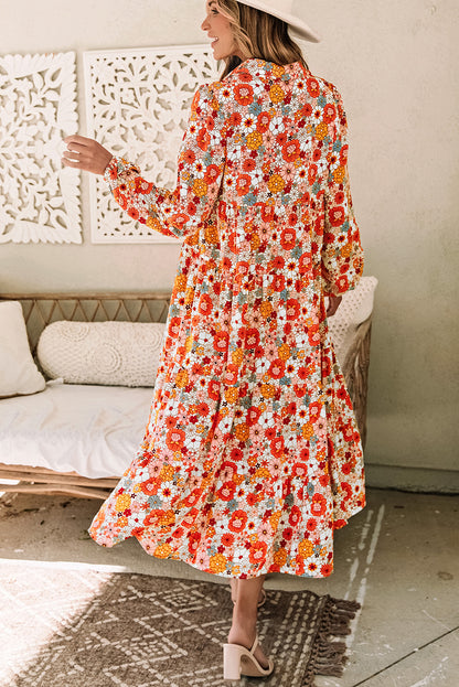 Multicolor Boho Floral Collared Long Sleeve Ruffled Midi Dress