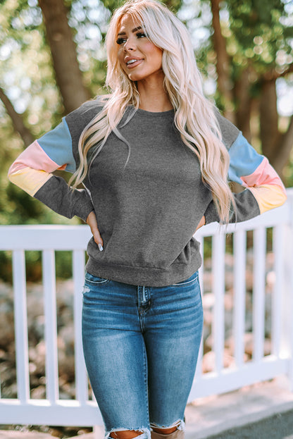 Gray Colorblock Long Sleeve Pullover Sweatshirt