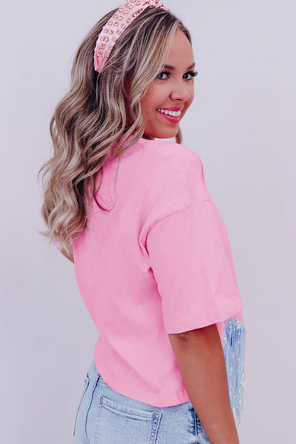 Pink Fringed Sequin Crop T-Shirt