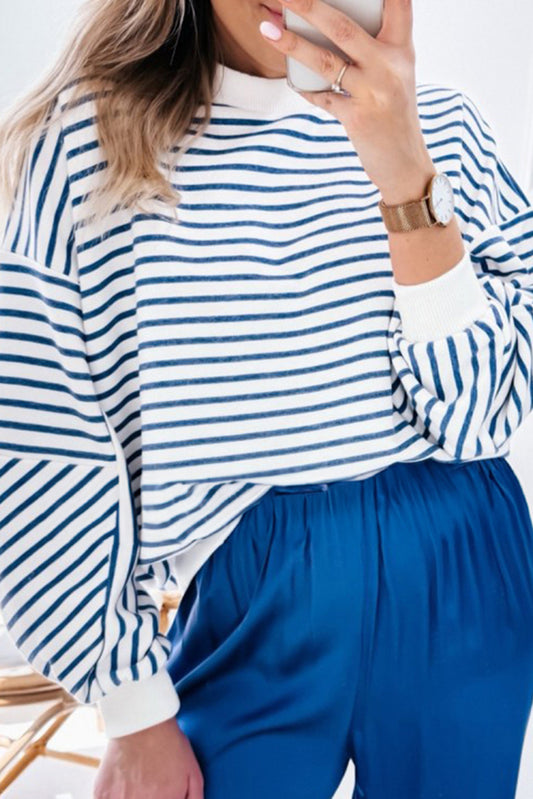 Blue Stripe Drop Shoulder Crew Neck Loose Sweatshirt