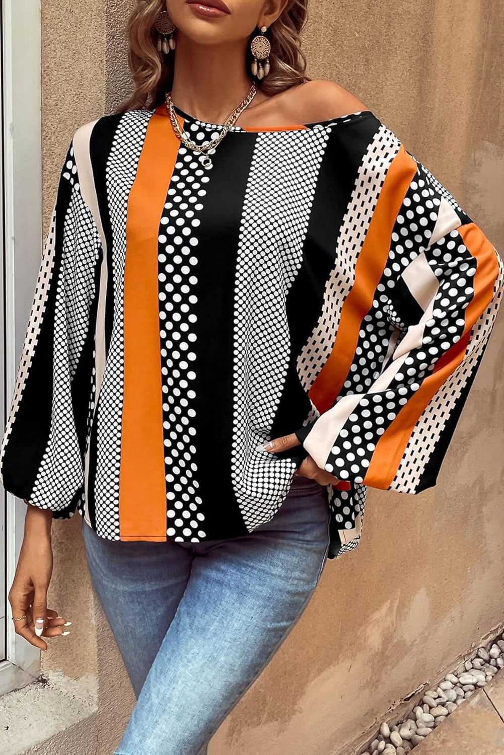 Orange Polka Dot Vertical Striped Printed Puff Sleeve Blouse