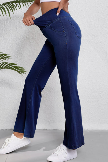 Dusk Blue Solid Crossed Waist High Elastic Fit Flare Knit Jeans