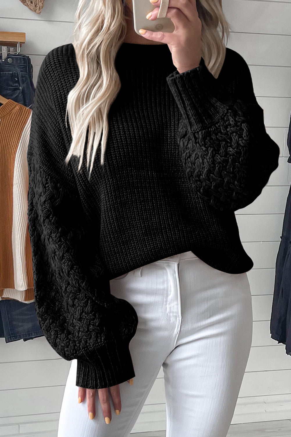 Black Cable Knit Sleeve Drop Shoulder Sweater