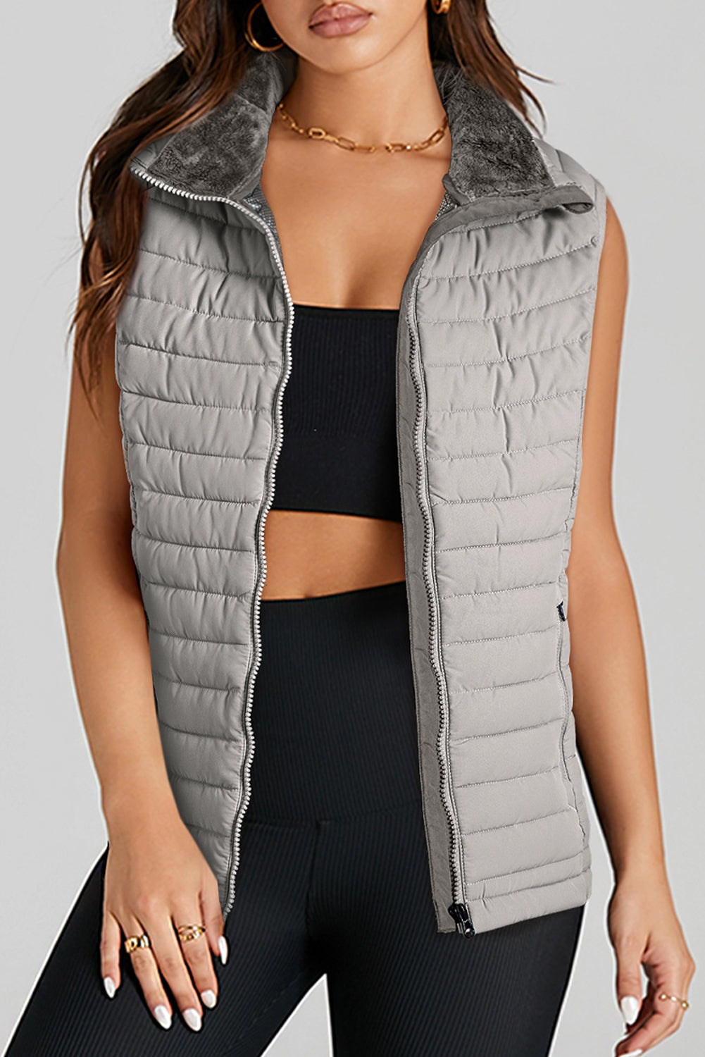 Silvery Plush Collared Quilted Zipped Puffer Vest