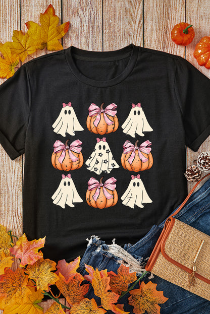 Black Bowknot Ghost Pumpkin Graphic Halloween T-Shirt