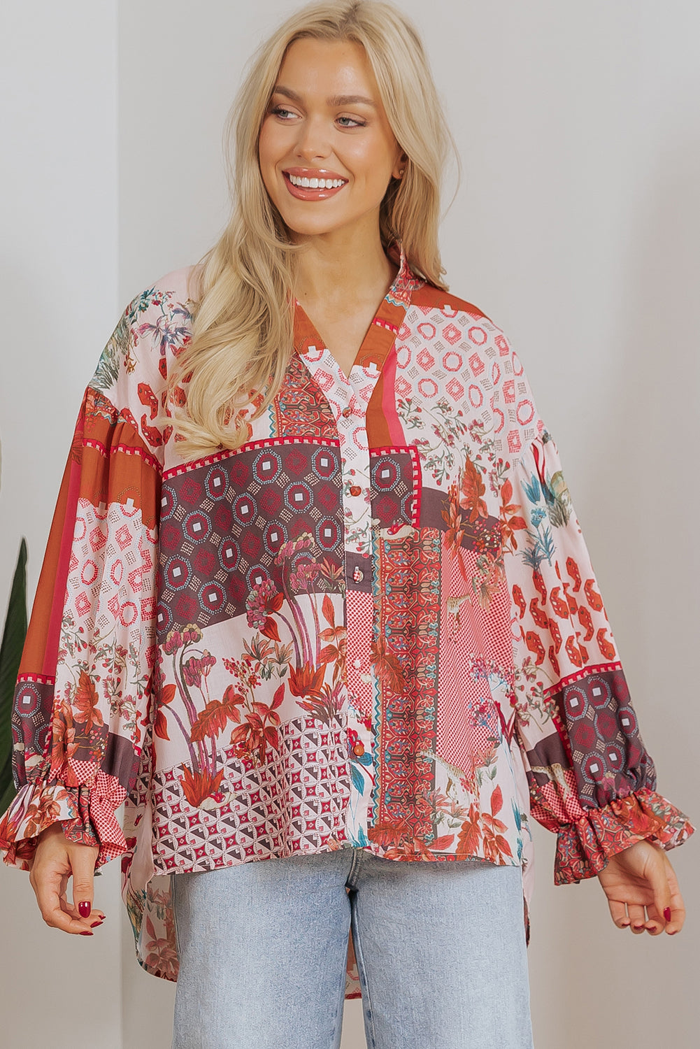 Red Boho Geometric Mixed Print Patchwork Bubble Sleeve Shirt