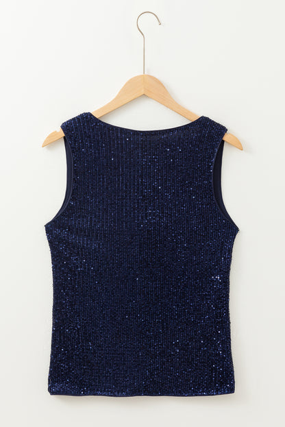 Dirty Blue Sequined Deep V-Neck Buttoned Tank Top