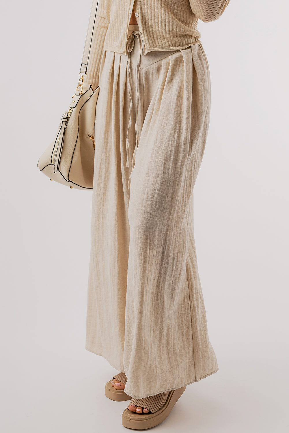 Beige Drawstring Waist Pleated Wide Leg Casual Pants