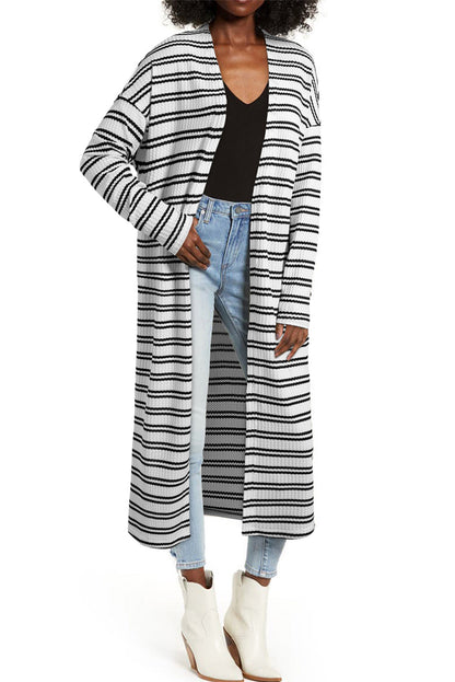 Black Stripe Print Open Front Duster Cardigan