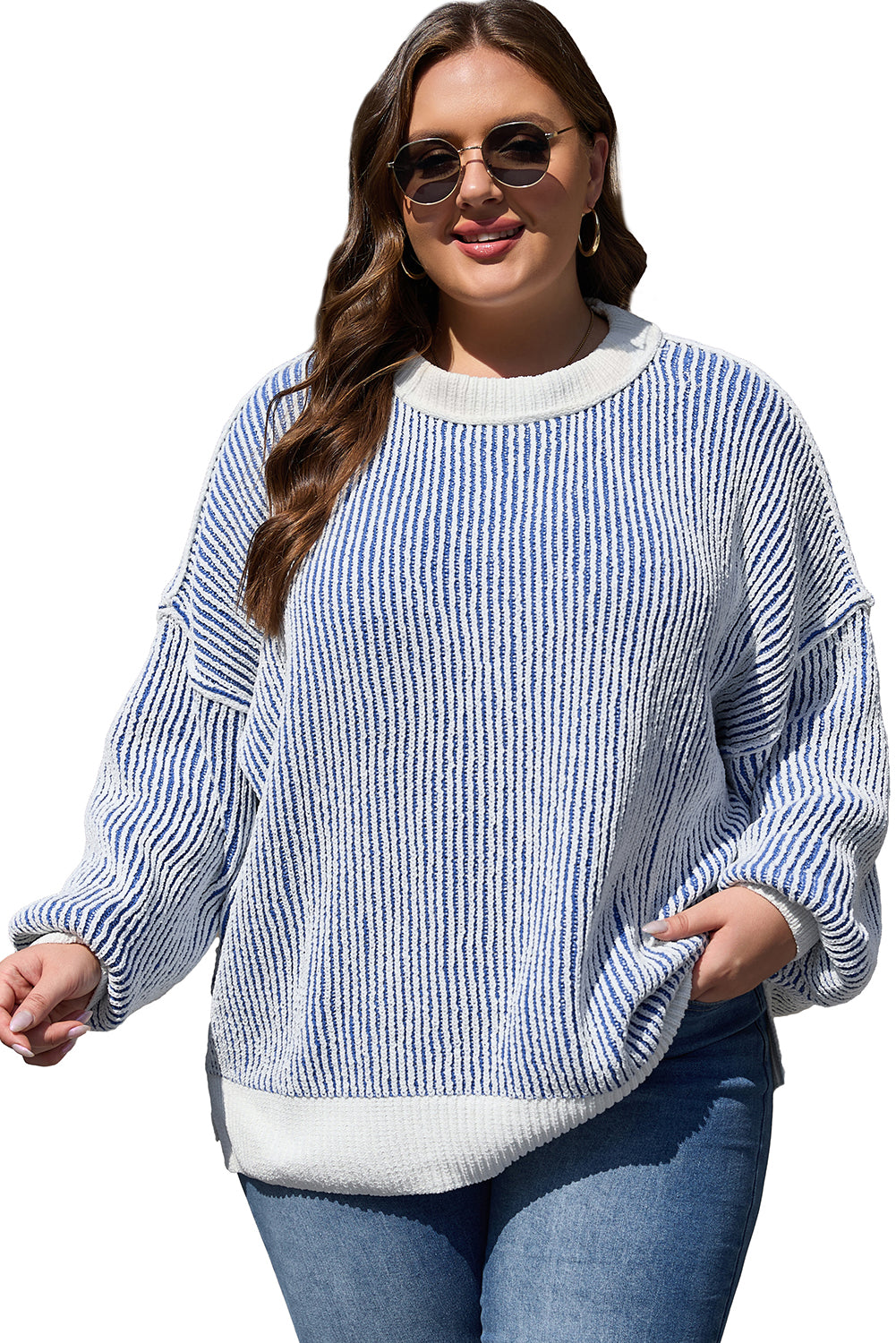 Dark Blue Striped Textured Knit Contrast Edge Loose Sweater