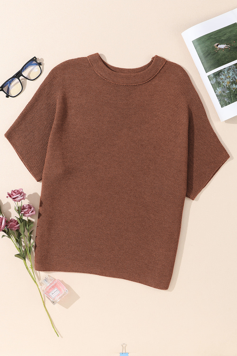 Coffee High Neck Short Bat Sleeve Sweater