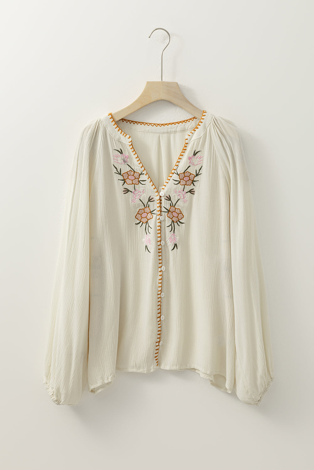 Beige Floral Embroidered Textured Puff Sleeve Loose Shirt