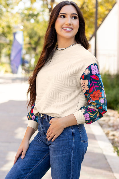 White Contrast Floral Sleeve Textured Drop Shoulder Knit Top