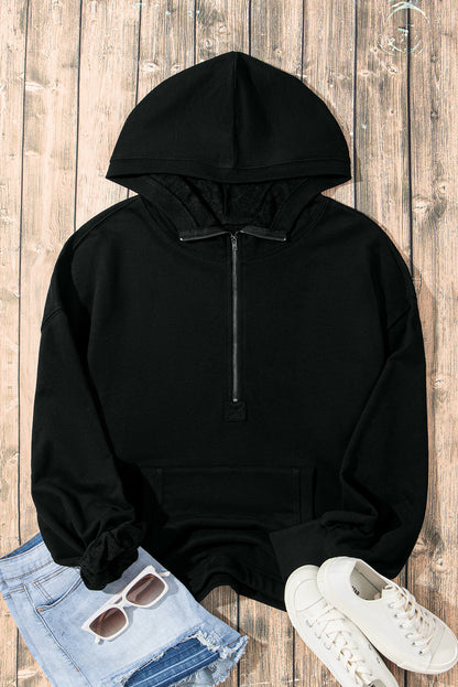 Black Solid Kangaroo Pocket Half Zipper Oversized Hoodie