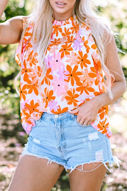 Orange Ruffled Sleeve Smocked Floral Top