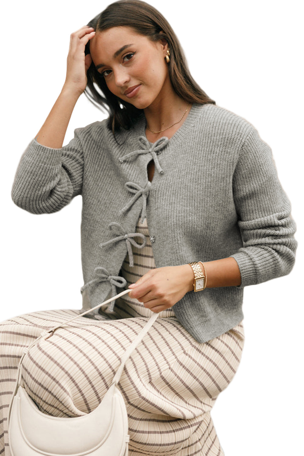 Philippine Gray Ribbed Knit Bow Front Buttoned Cardigan