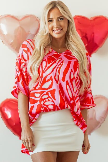 Red Abstract Print V Neck Batwing Sleeve Oversized Blouse