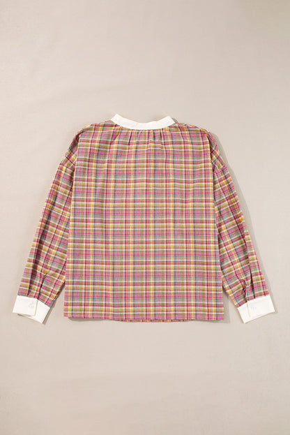 Pink Colorblock Plaid Patchwork Henley Blouse