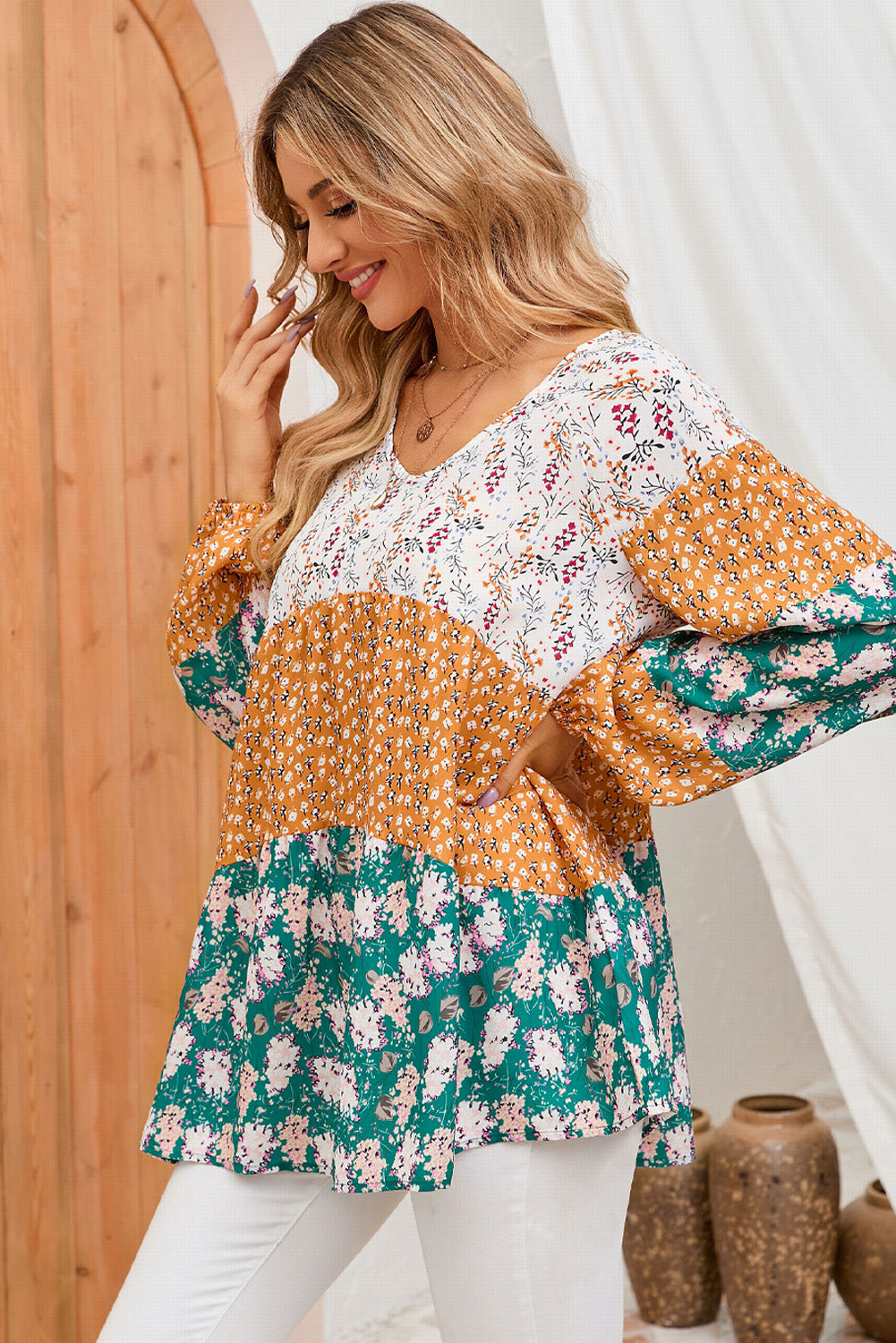 Green Color Block Floral Print Loose Blouse