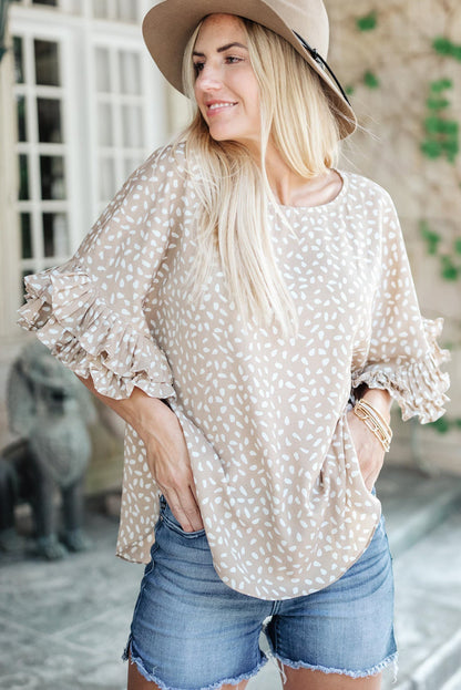 Khaki Dolman Ruffled Sleeve Loose Blouse