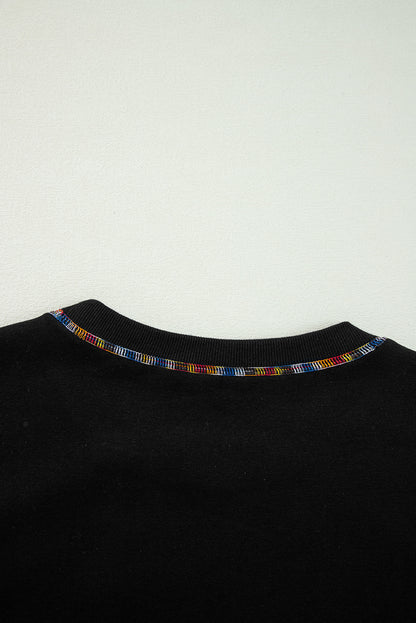 Black Contrast Rainbow Trim Drop Shoulder Pullover Sweatshirt