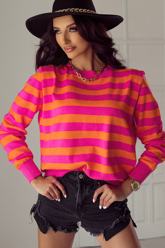 Rose Stripe Shoulder Pad Round Neck Sweater