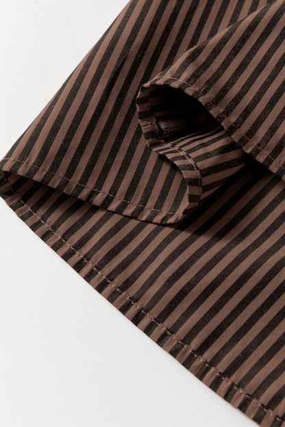 Brown Stripe V Neck Roll Up Sleeve Pocket Patched Classic Shirt