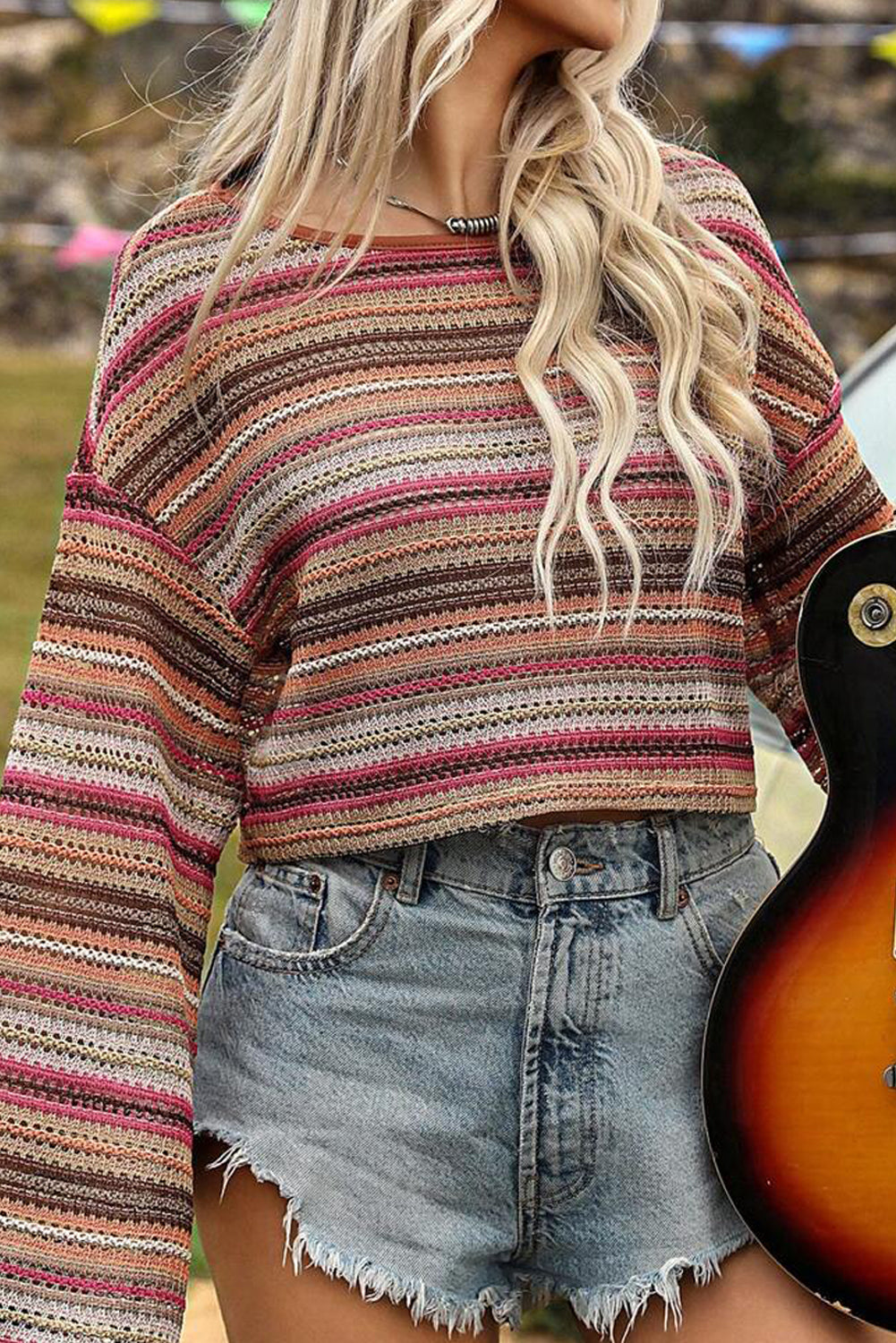 Rose Red Ethnic Striped Wide Cropped Long Sleeve Top