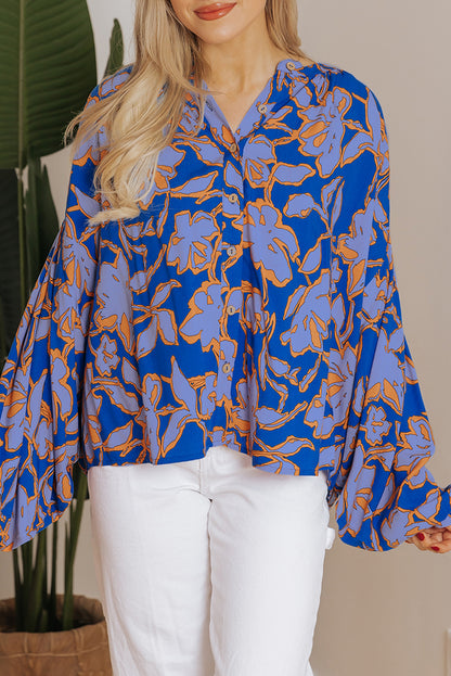 Blue Floral Print Batwing Sleeve Buttoned Loose Fit Shirt