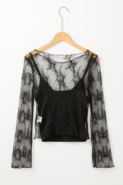 Black Lace Mesh Crochet Splicing Slim Fit Long Sleeve Blouse