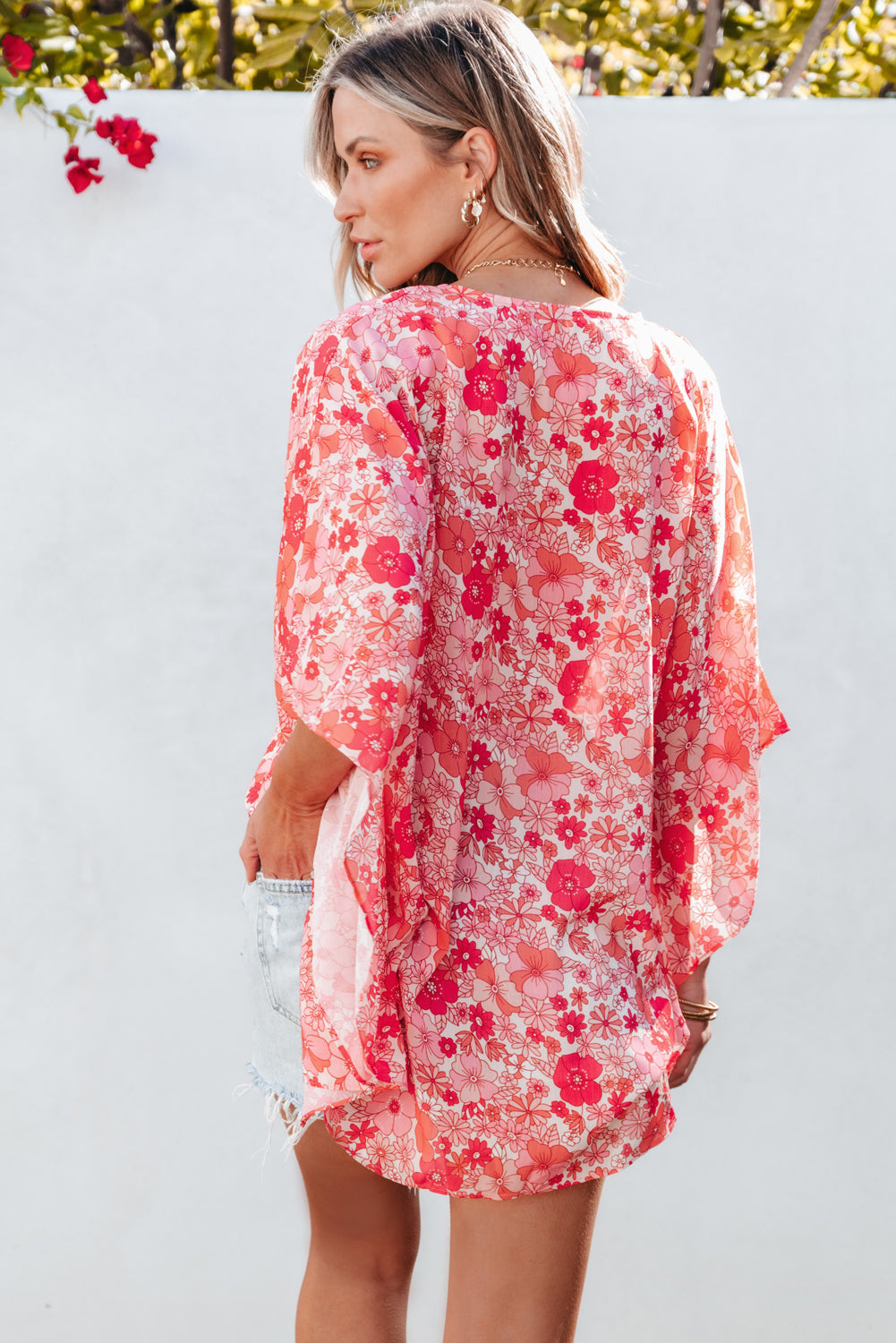 Pink Boho Floral V Neck Kimono Style Blouse