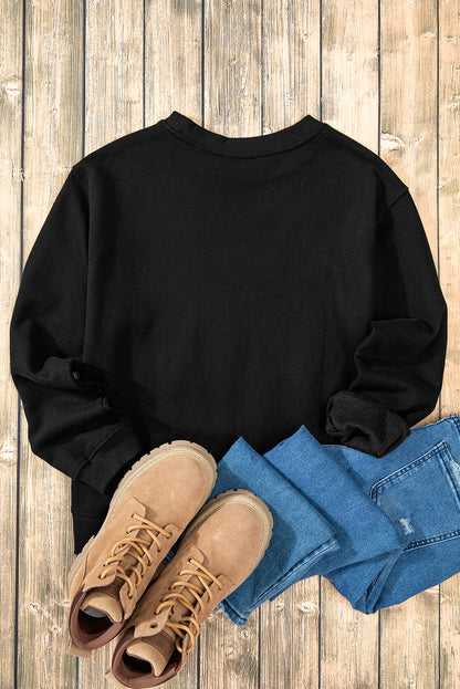 Black Solid Fleece Lined Drop Shoulder Terry Sweatshirt