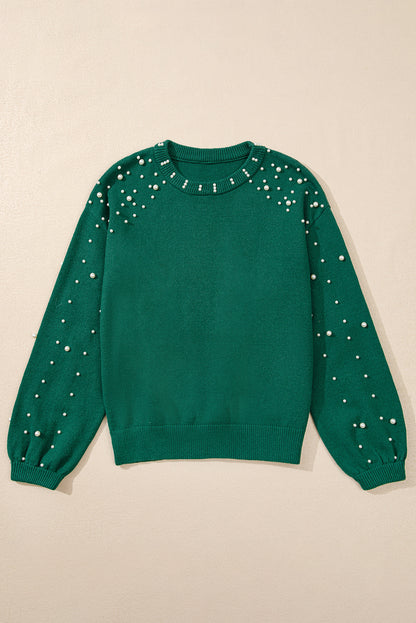 Evergreen Pearled Drop Shoulder Round Neck Sweater