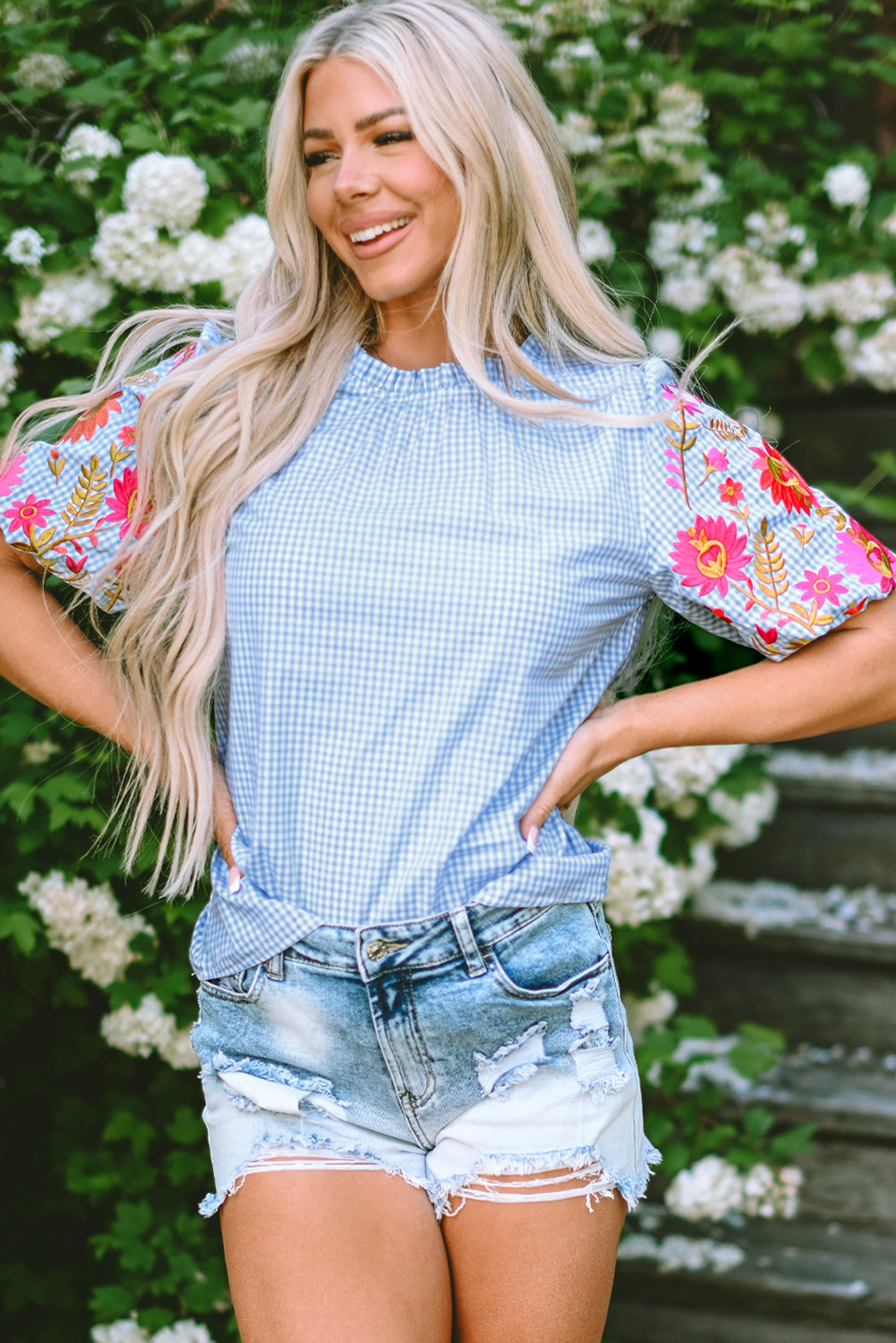 Light Blue Gingham Floral Embroidered Puff Sleeve Blouse