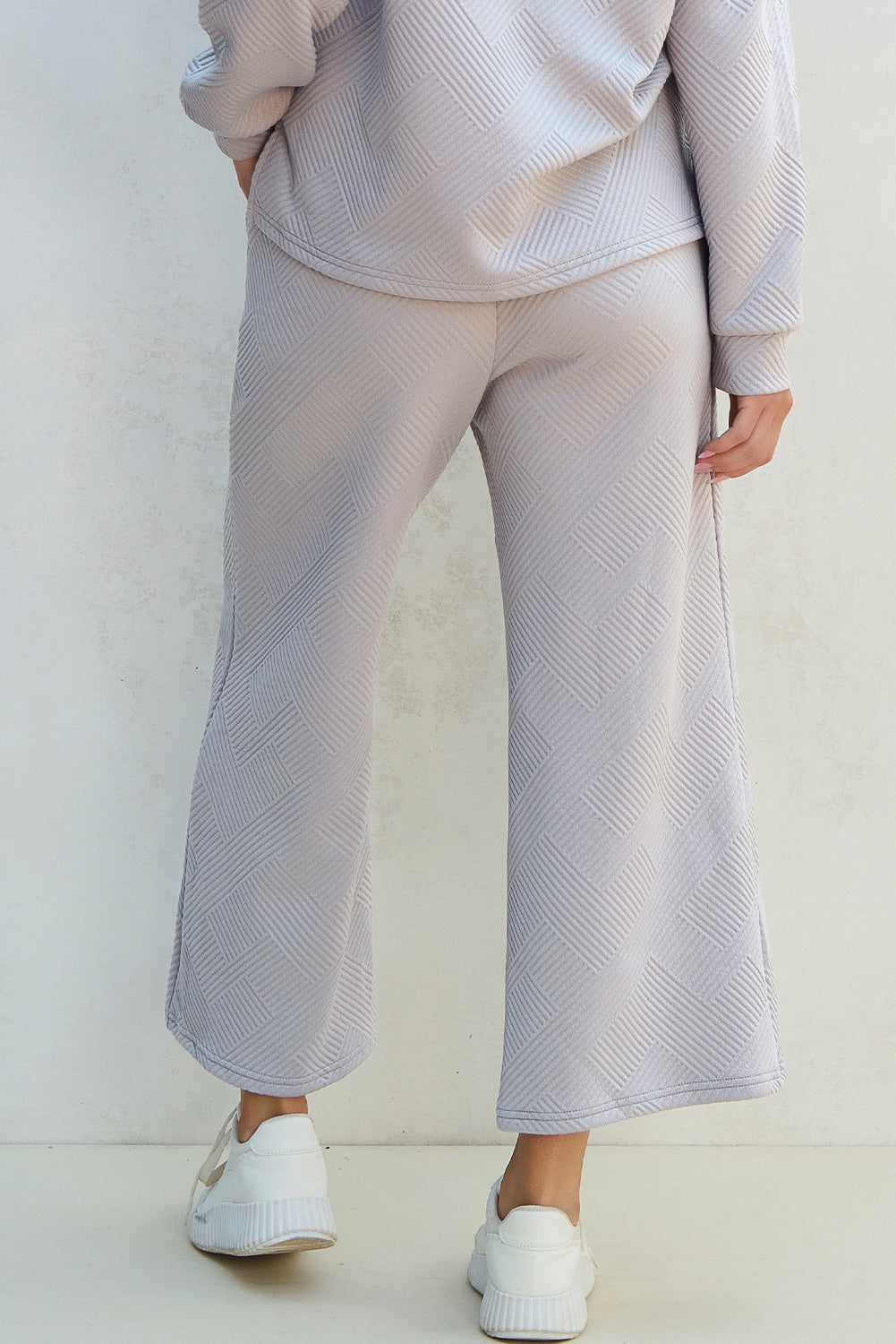 Light Grey Solid Textured Collared V-Neck Top and Wide Leg Pants Set